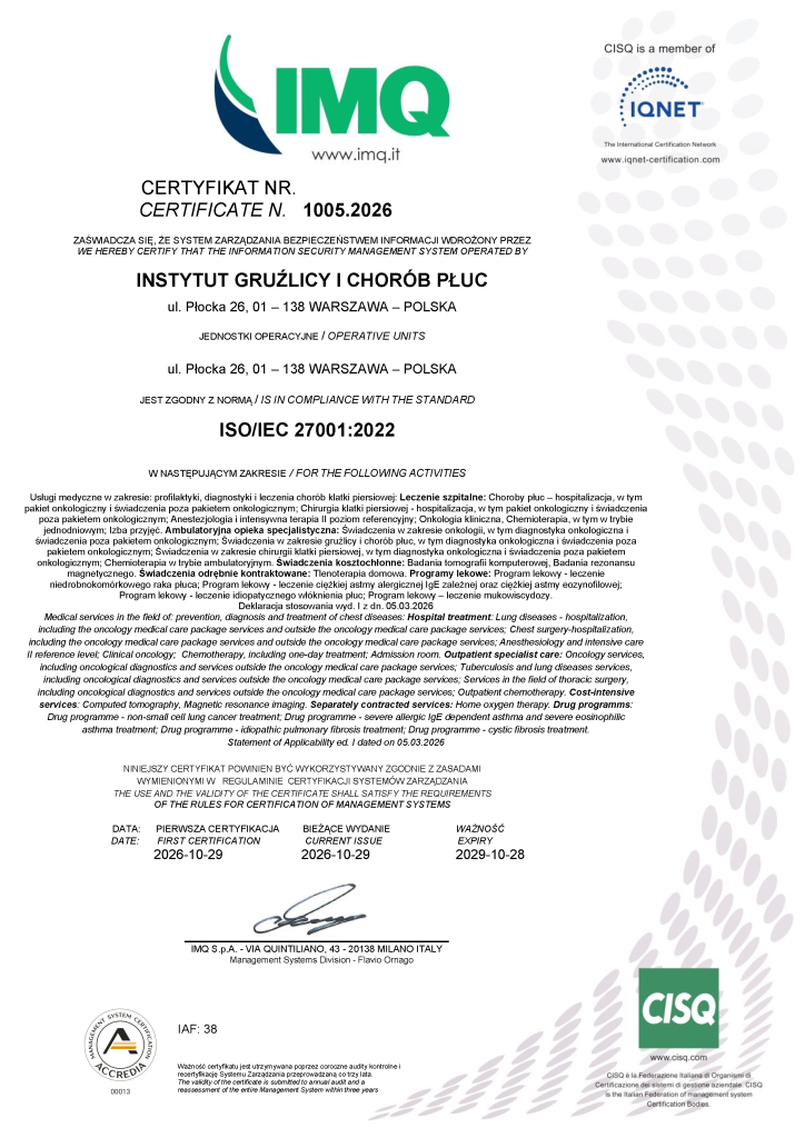 Certificato ISO 27001 INSTYTUT GRUŹLICY I CHOR&Oacute;B PŁUC